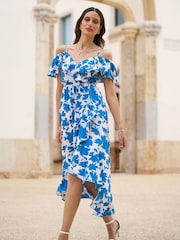 Yumi Blue Printed Bardot Midi Dress With Dip Hem - Image 1 of 5