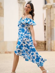 Yumi Blue Printed Bardot Midi Dress With Dip Hem - Image 2 of 5