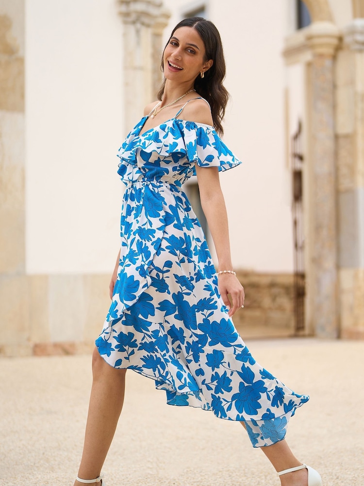 Yumi Blue Printed Bardot Midi Dress With Dip Hem - Image 2 of 5