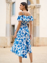 Yumi Blue Printed Bardot Midi Dress With Dip Hem - Image 4 of 5