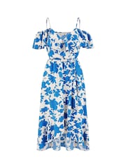 Yumi Blue Printed Bardot Midi Dress With Dip Hem - Image 5 of 5