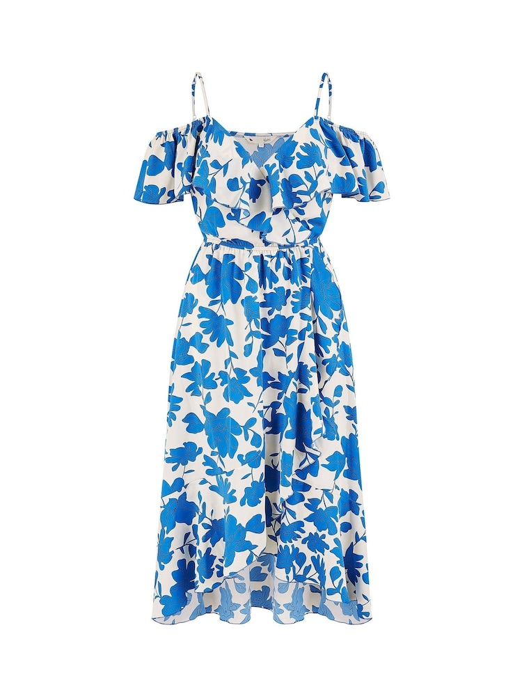 Yumi Blue Printed Bardot Midi Dress With Dip Hem - Image 5 of 5