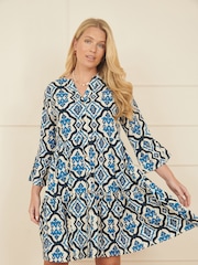 Yumi Blue Viscose Ikat Print 3/4 Sleeve Tunic Dress - Image 1 of 5