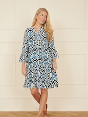 Yumi Blue Viscose Ikat Print 3/4 Sleeve Tunic Dress - Image 2 of 5