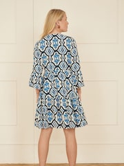 Yumi Blue Viscose Ikat Print 3/4 Sleeve Tunic Dress - Image 4 of 5