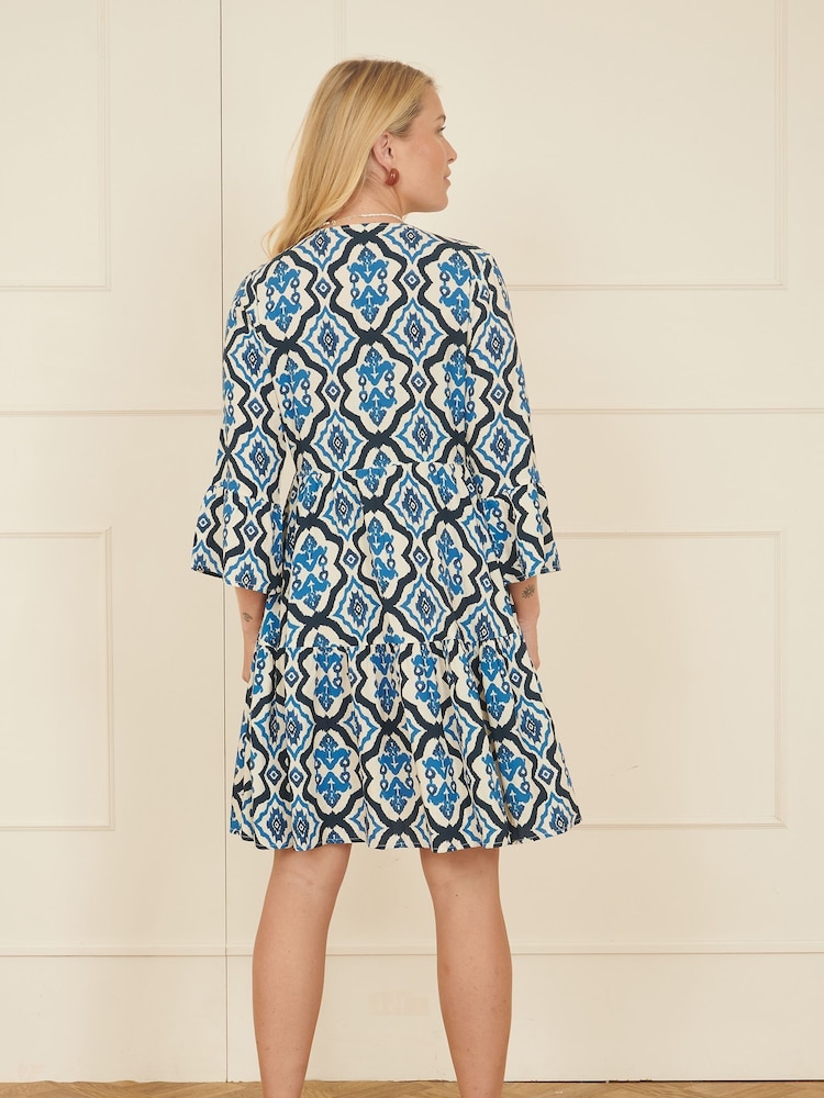 Yumi Blue Viscose Ikat Print 3/4 Sleeve Tunic Dress - Image 4 of 5