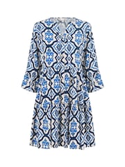 Yumi Blue Viscose Ikat Print 3/4 Sleeve Tunic Dress - Image 5 of 5