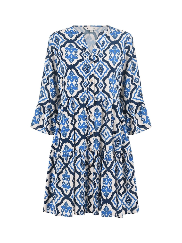 Yumi Blue Viscose Ikat Print 3/4 Sleeve Tunic Dress - Image 5 of 5