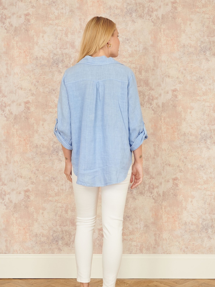 Yumi Blue Washed 100% Linen Relaxed Shirt - Image 3 of 4