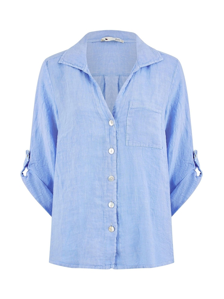 Yumi Blue Washed 100% Linen Relaxed Shirt - Image 4 of 4