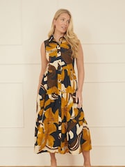 Yumi Blue 100% Cotton Leaf Midi Sleeveless Shirt Dress - Image 2 of 5