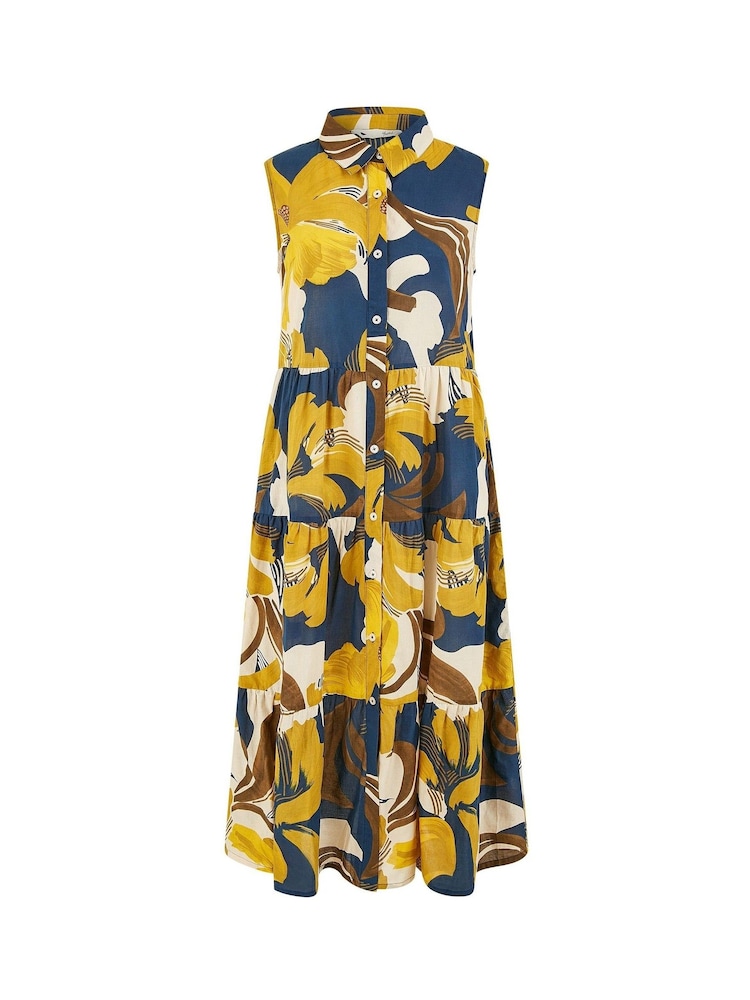 Yumi Blue 100% Cotton Leaf Midi Sleeveless Shirt Dress - Image 5 of 5