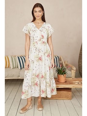 Yumi Cream Floral Broderie Anglaise Wrap Midi 100% Cotton Dress - Image 2 of 5