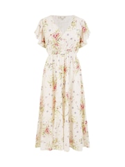 Yumi Cream Floral Broderie Anglaise Wrap Midi 100% Cotton Dress - Image 5 of 5