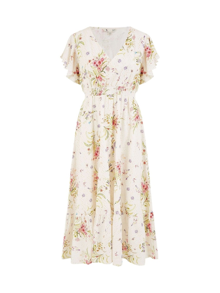 Yumi Cream Floral Broderie Anglaise Wrap Midi 100% Cotton Dress - Image 5 of 5