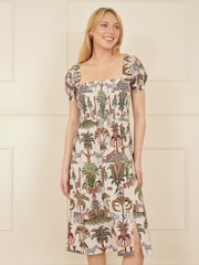 Yumi 100% Cotton Safari Print Ruched Midi Dress - Bild 1 von 5