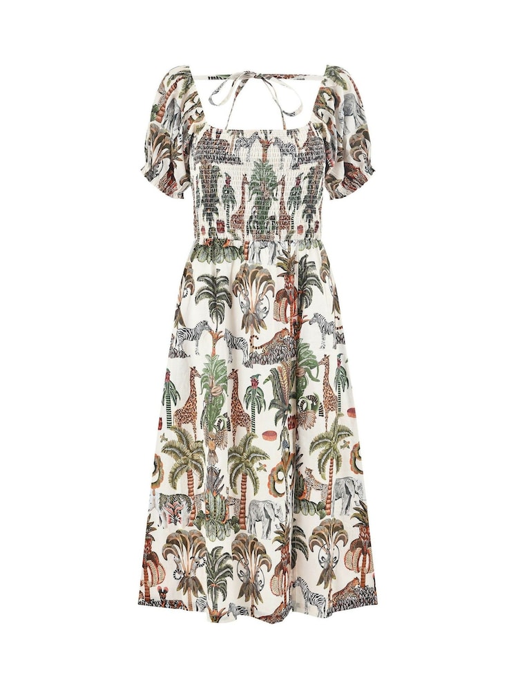 Yumi 100% Cotton Safari Print Ruched Midi Dress - Bild 5 von 5
