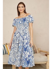 Yumi Blue Ruched Waist Bardot Blossom Tree Print Midi Dress - Image 1 of 5