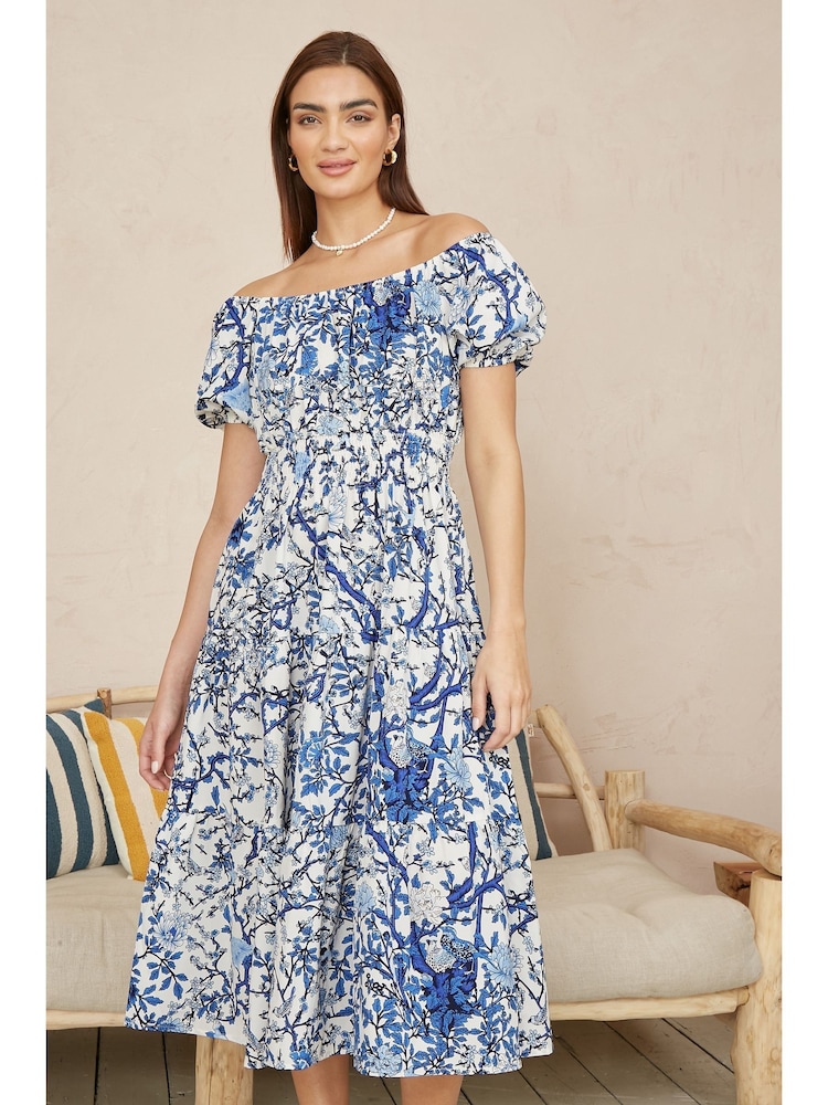 Yumi Blue Ruched Waist Bardot Blossom Tree Print Midi Dress - Image 1 of 5