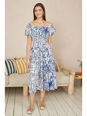 Yumi Blue Ruched Waist Bardot Blossom Tree Print Midi Dress - Image 2 of 5