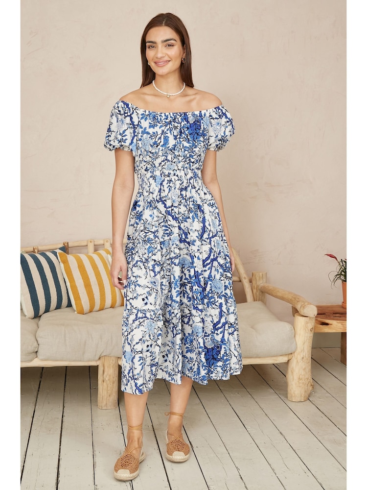 Yumi Blue Ruched Waist Bardot Blossom Tree Print Midi Dress - Image 2 of 5