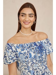 Yumi Blue Ruched Waist Bardot Blossom Tree Print Midi Dress - Image 3 of 5