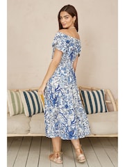 Yumi Blue Ruched Waist Bardot Blossom Tree Print Midi Dress - Image 4 of 5