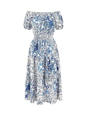 Yumi Blue Ruched Waist Bardot Blossom Tree Print Midi Dress - Image 5 of 5