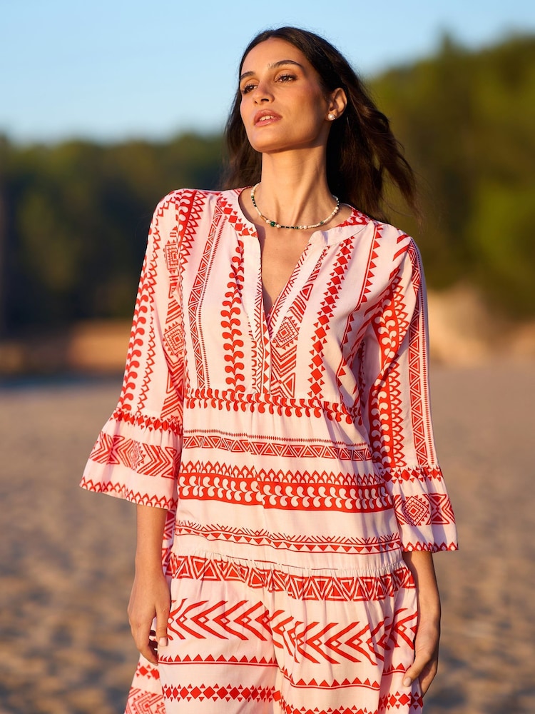 Yumi Pink Tencel Geo Stripe Print Beach Tunic - Image 1 of 5
