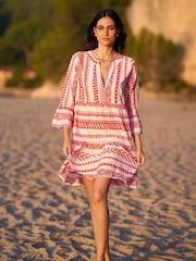 Yumi Pink Tencel Geo Stripe Print Beach Tunic - Image 2 of 5