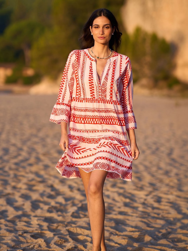 Yumi Pink Tencel Geo Stripe Print Beach Tunic - Image 2 of 5