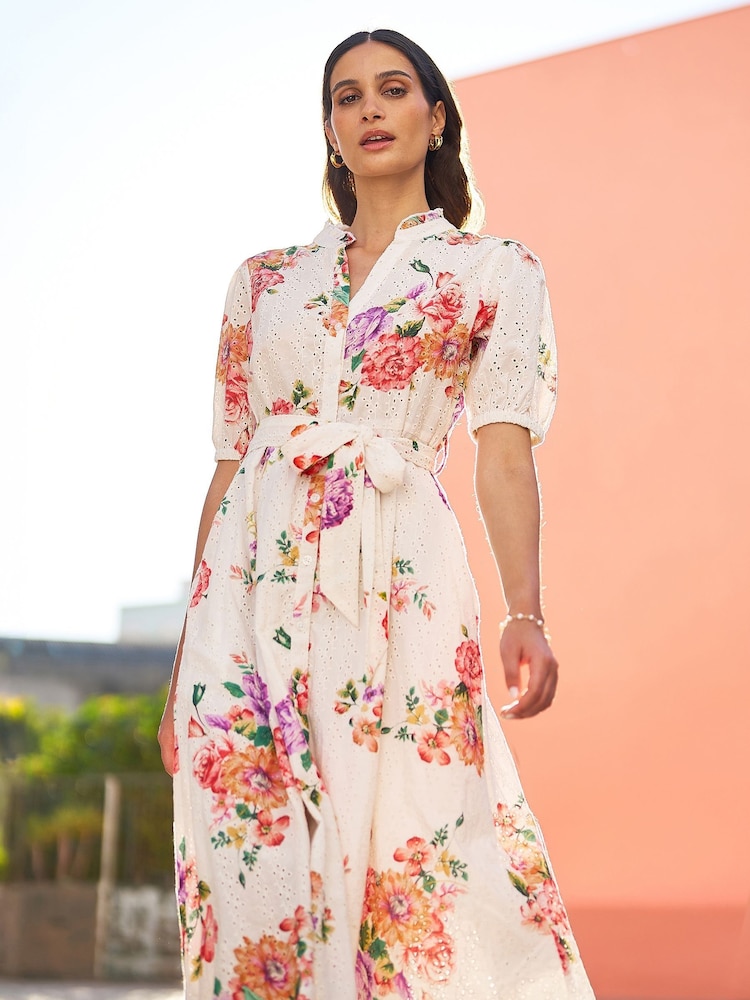 Yumi White Floral 100% Cotton Broderie Anglaise Skater Dress - Image 1 of 5