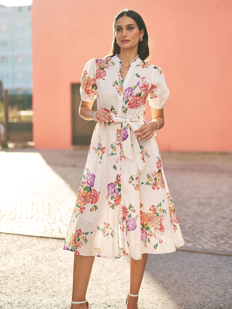 Yumi White Floral 100% Cotton Broderie Anglaise Skater Dress - Image 2 of 5