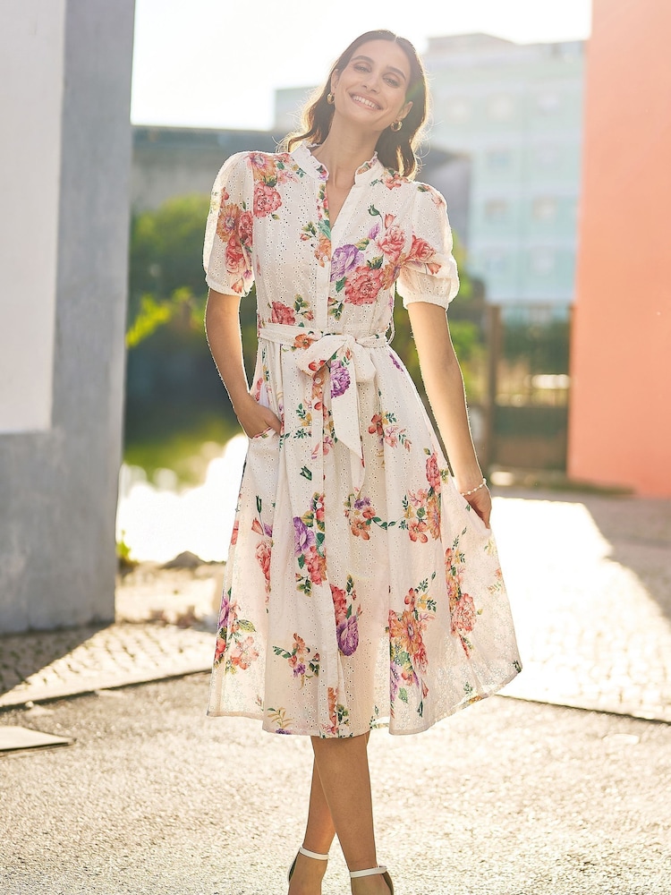 Yumi White Floral 100% Cotton Broderie Anglaise Skater Dress - Image 3 of 5