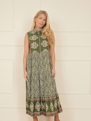 Yumi Green 100% Cotton Paisley Midi Sleeveless Shirt Dress - Image 2 of 5