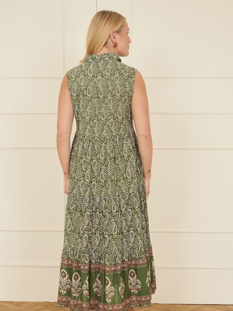 Yumi Green 100% Cotton Paisley Midi Sleeveless Shirt Dress - Image 4 of 5