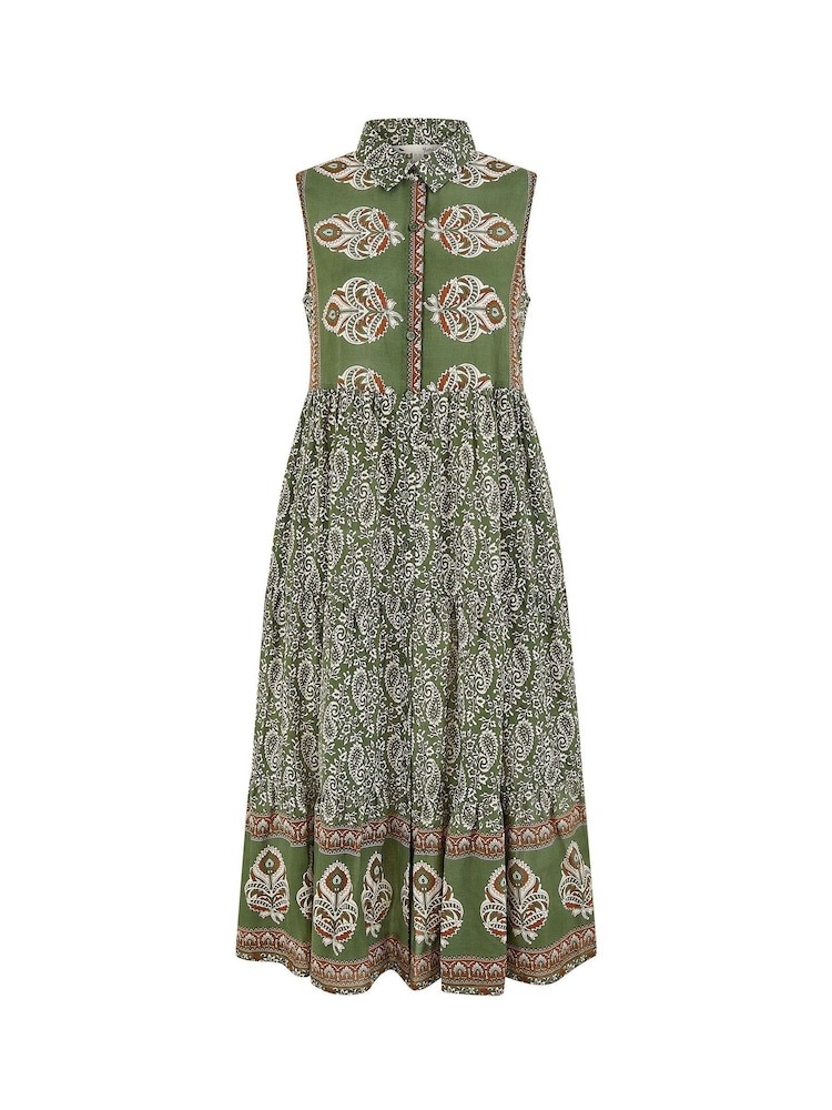 Yumi Green 100% Cotton Paisley Midi Sleeveless Shirt Dress - Image 5 of 5