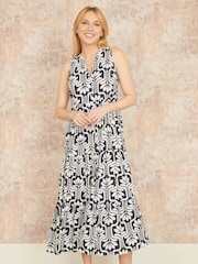 Yumi Blue Retro Print Relaxed Midi Dress - Image 1 of 4