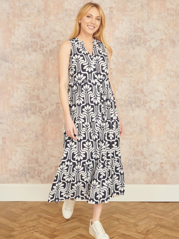 Yumi Blue Retro Print Relaxed Midi Dress - Image 2 of 4