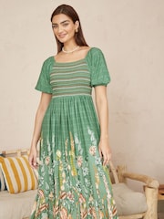 Yumi Green Ruched Leaf Print Maxi Dress With Puff Sleeves - Image 1 of 5