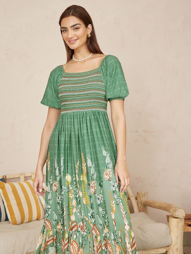 Yumi Green Ruched Leaf Print Maxi Dress With Puff Sleeves - Image 1 of 5