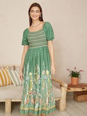 Yumi Green Ruched Leaf Print Maxi Dress With Puff Sleeves - Image 2 of 5