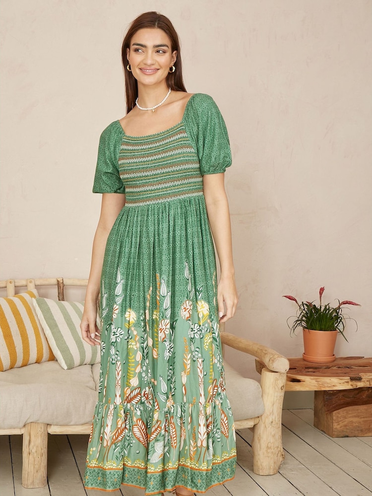 Yumi Green Ruched Leaf Print Maxi Dress With Puff Sleeves - Image 2 of 5
