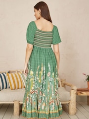 Yumi Green Ruched Leaf Print Maxi Dress With Puff Sleeves - Image 4 of 5