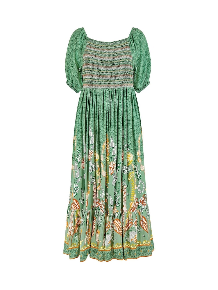 Yumi Green Ruched Leaf Print Maxi Dress With Puff Sleeves - Image 5 of 5