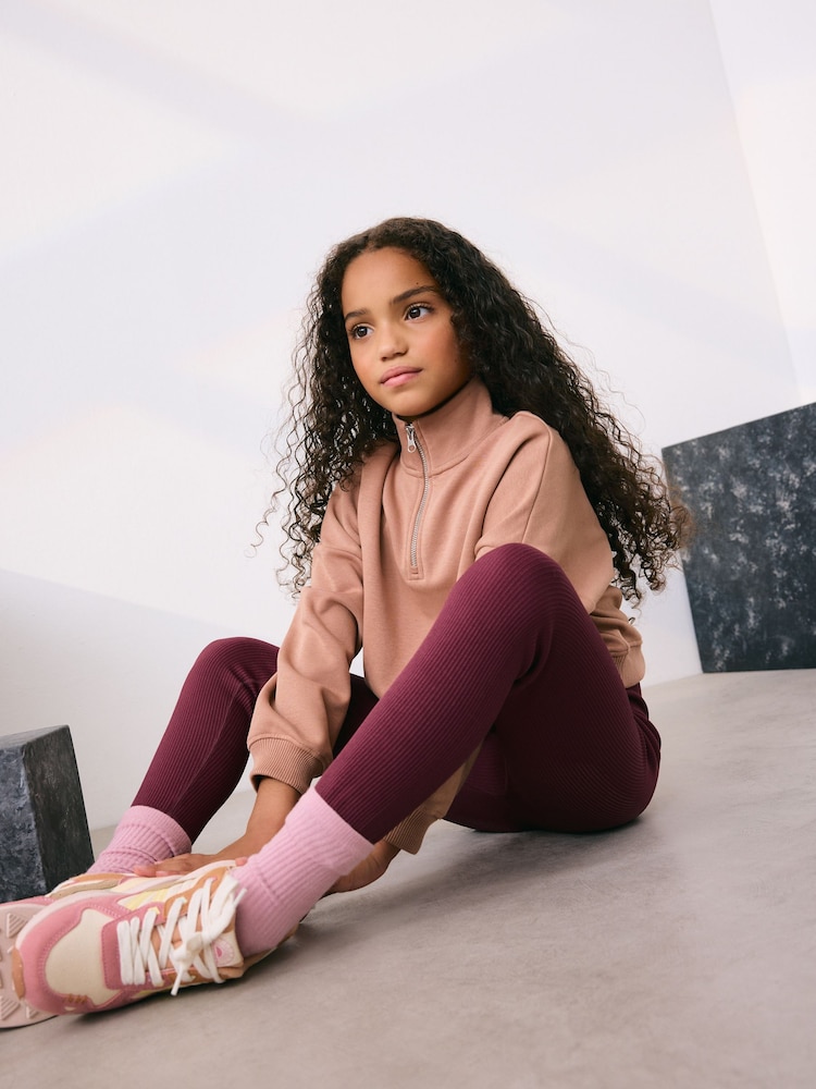 Berry Red Seamless Ribbed High Waist Leggings (3-16yrs) - Image 2 of 7 Berry Red Seamless Ribbed High Waist Leggings (3-16yrs) - Image 2 of 7