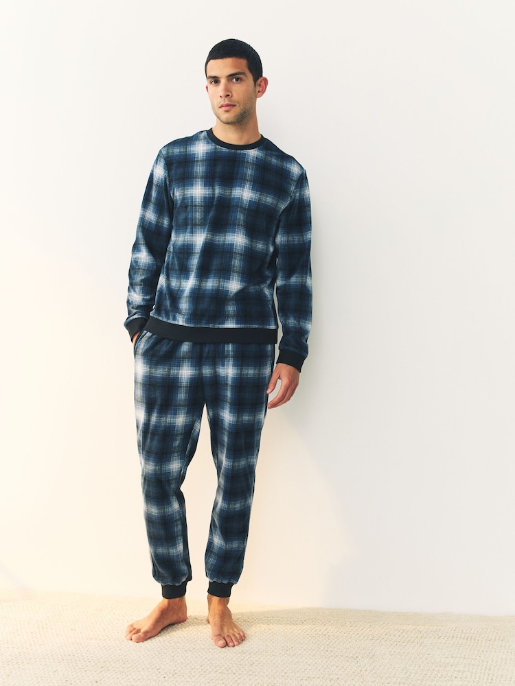 Navy Blue Check Motionflex Cosy Long Sleeve Cuffed Pyjamas Set - Image 1 of 11