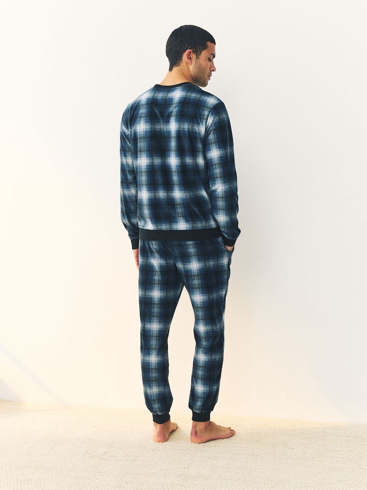 Navy Blue Check Motionflex Cosy Long Sleeve Cuffed Pyjamas Set - Image 2 of 11