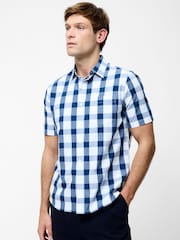 French Connection Blue 100% Cotton Gingham Print Chest Pocket Short Sleeve Button Up Shirt - Image 1 of 4