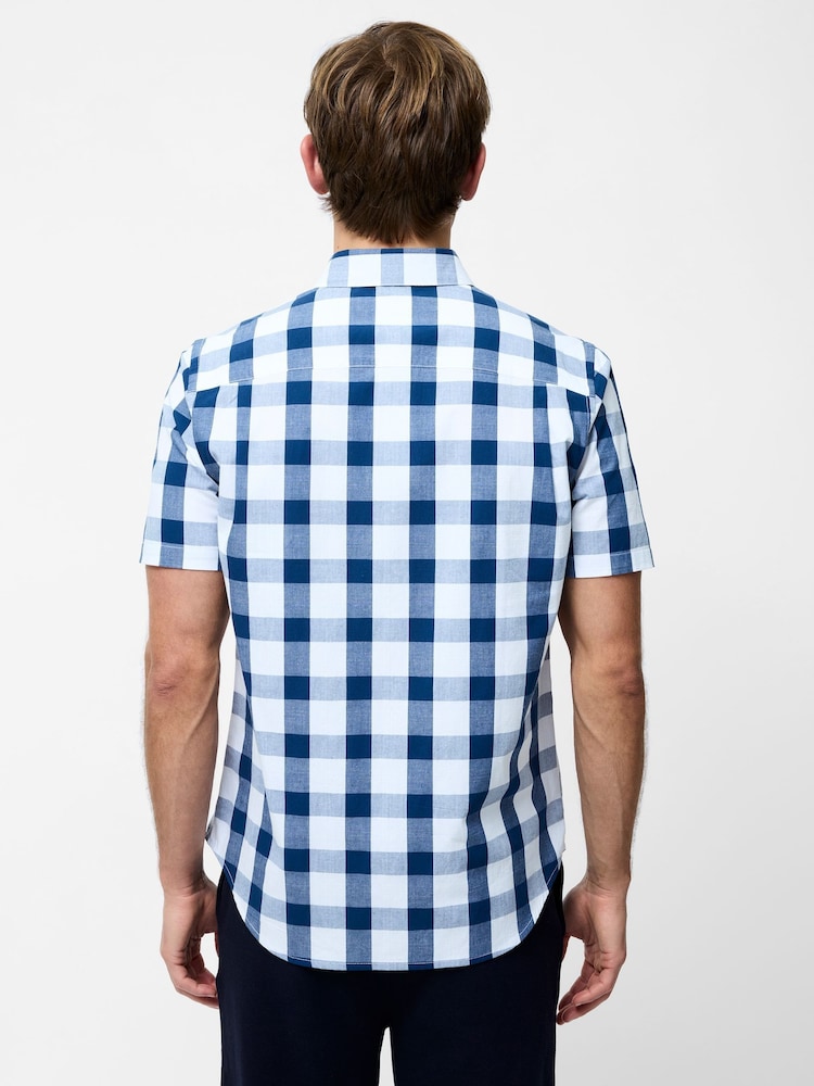 French Connection Blue 100% Cotton Gingham Print Chest Pocket Short Sleeve Button Up Shirt - Image 2 of 4